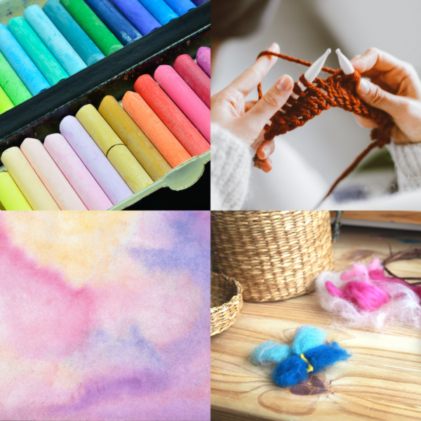 watercolors, pastels, fiber arts, wet felting