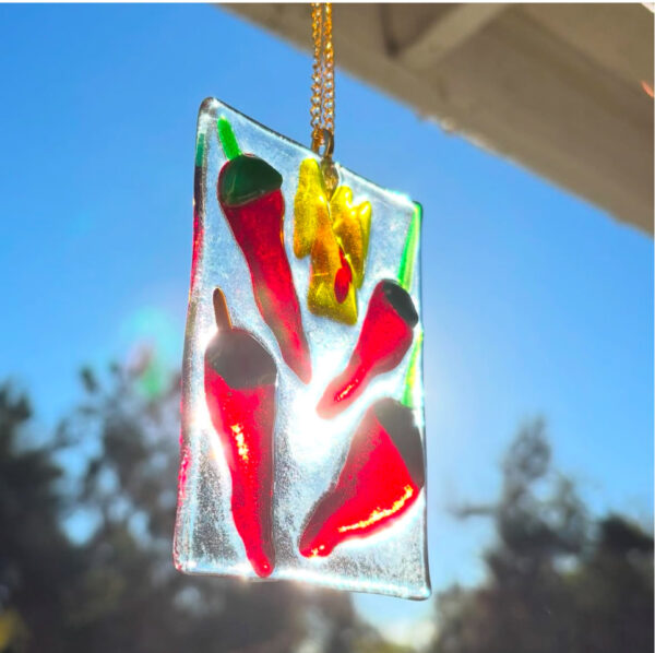 fused glass sun catcher with chili peppers