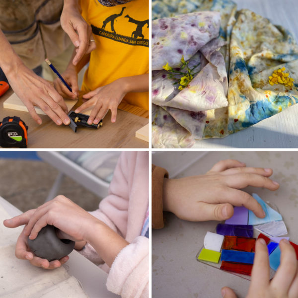 Kids working with hands on ceramics, woodworking, fused glass and fiber arts