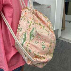 teen wearing handmade drawstring backpack