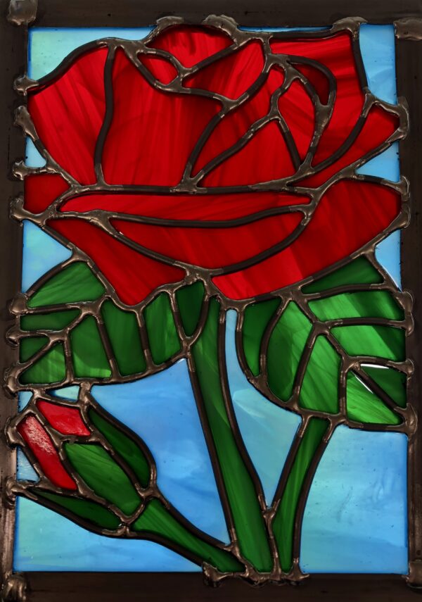 close up of rose stained glass panel