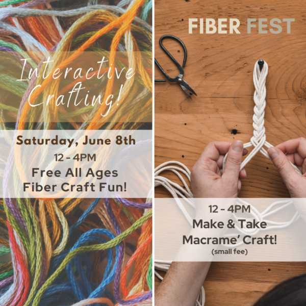 hands with macrame and embroidery floss close-up with text reading: Fiber Fest 2024 at San Diego Craft Collective, Sat, June 8, 12-4pm - free kids fiber-arts craft & make & take craft