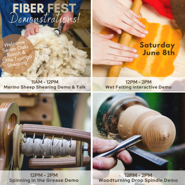 hands with macrame and embroidery floss close-up with text reading: Fiber Fest 2024 at San Diego Craft Collective, Sat, June 8, Artist Demonstrations, 11-2pm, Shearing, Lathe, Spinning & Wet Felting