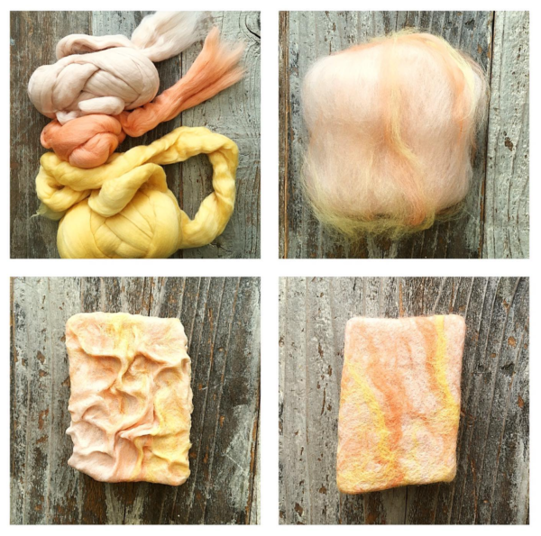 wet felting soap bar series of four photos: wool felt, felt applied to soap, felt agitation with felt and finished wet felted soap