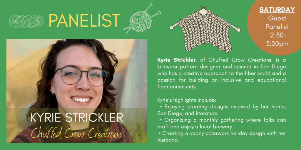 Kyrie Strickler, Chuffed Crow Creations at Fiber Fest is a free, family-friendly fiber arts event at San Diego Craft Collective in Liberty Station. Free Speaker & Panel exploring The Future of Wool: Craft, Culture & Sustainability at 1-4pm