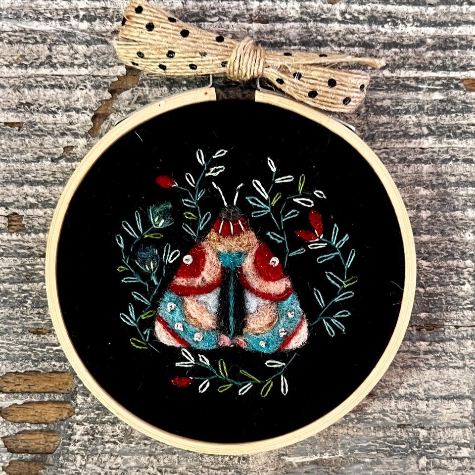 needle felted 2d with embroidery on a hoop