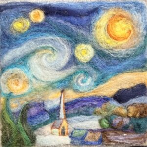 stars, night sky, buildings, paintings, needle felting