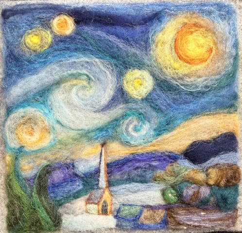 stars, night sky, buildings, paintings, needle felting